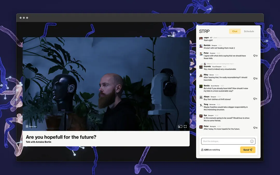 The platform: a livestreamed talk next to a chat, inside a growing structure