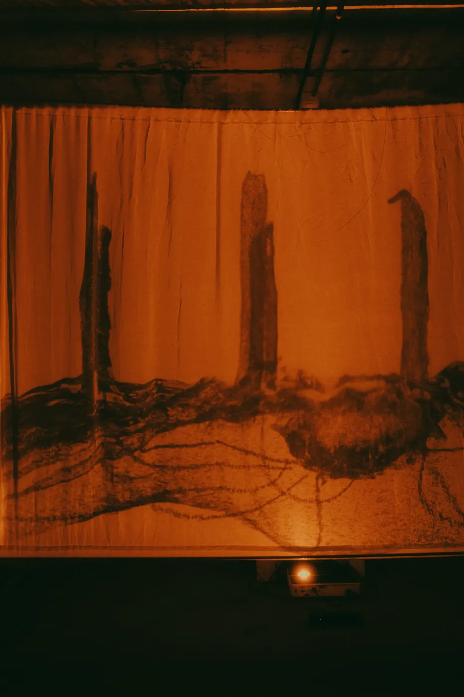 Projection in orange light: trunks and roots reaching into the soil