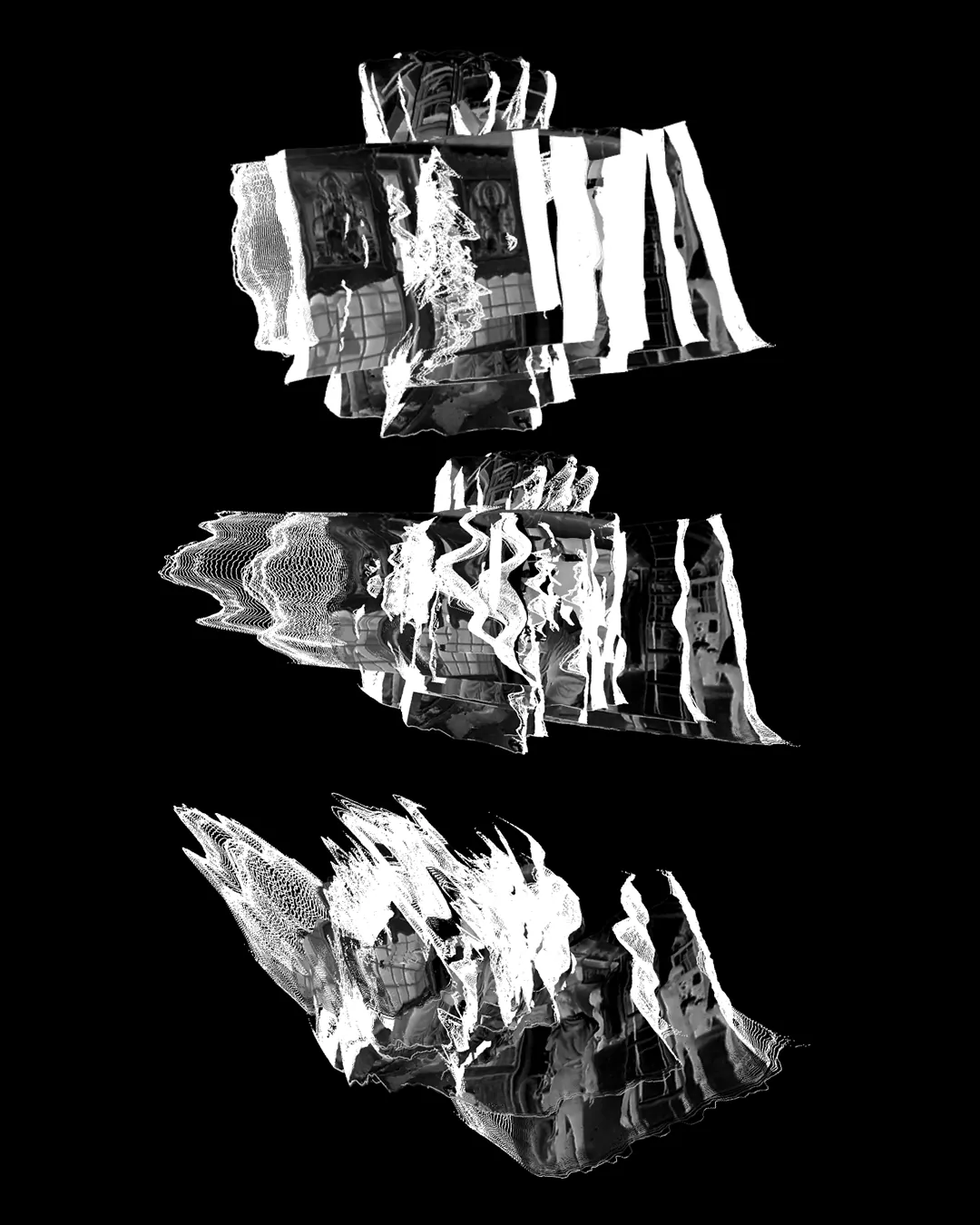 Experiment 01: three ghostly 3D meshes reconstructed from flat archival video, white on black.