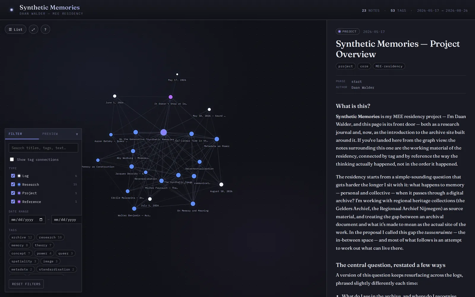 The online archive: the graph of notes, the filter panel and the project overview in the reader.