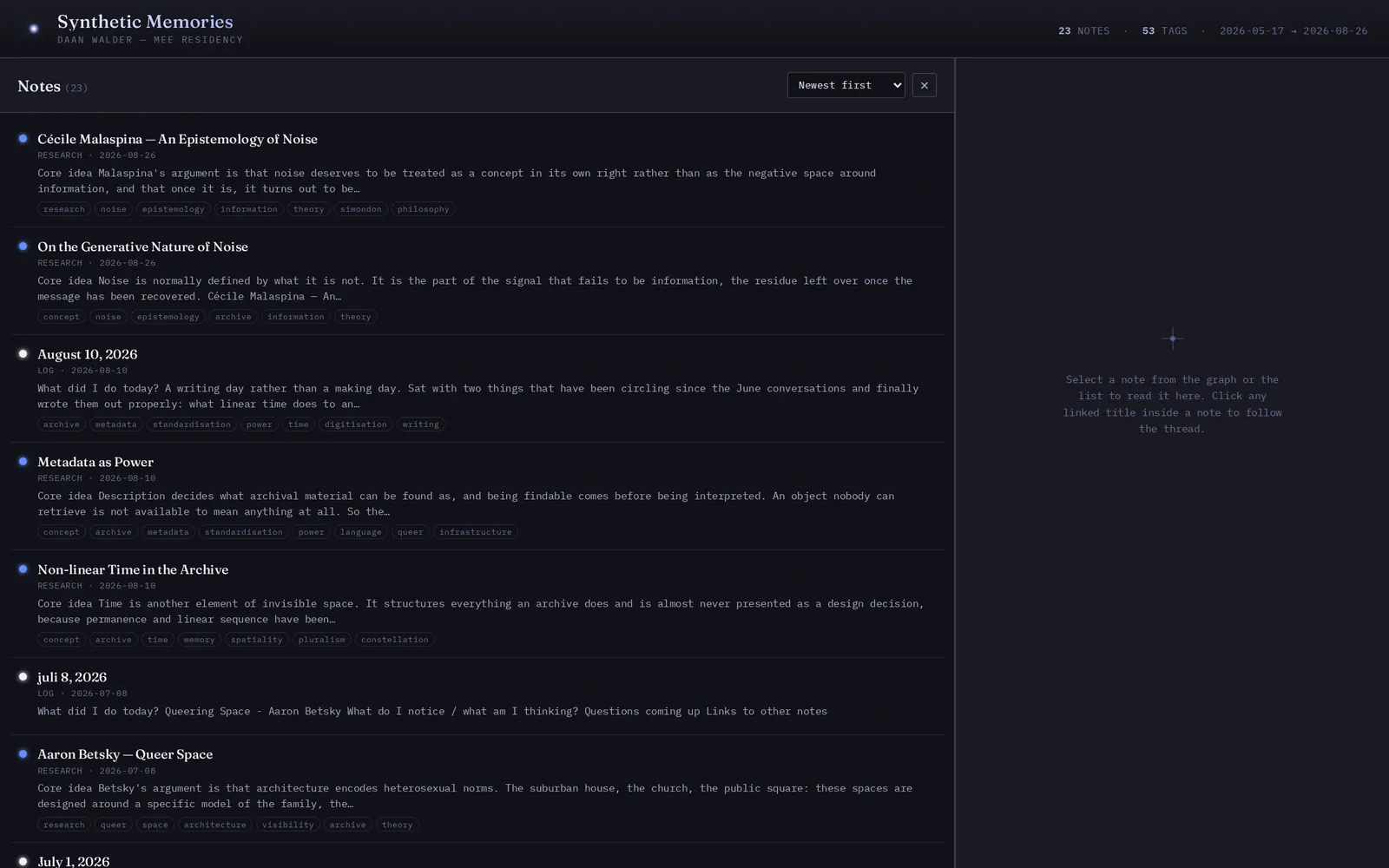 The archive as a list: every note with its type, date and tags.