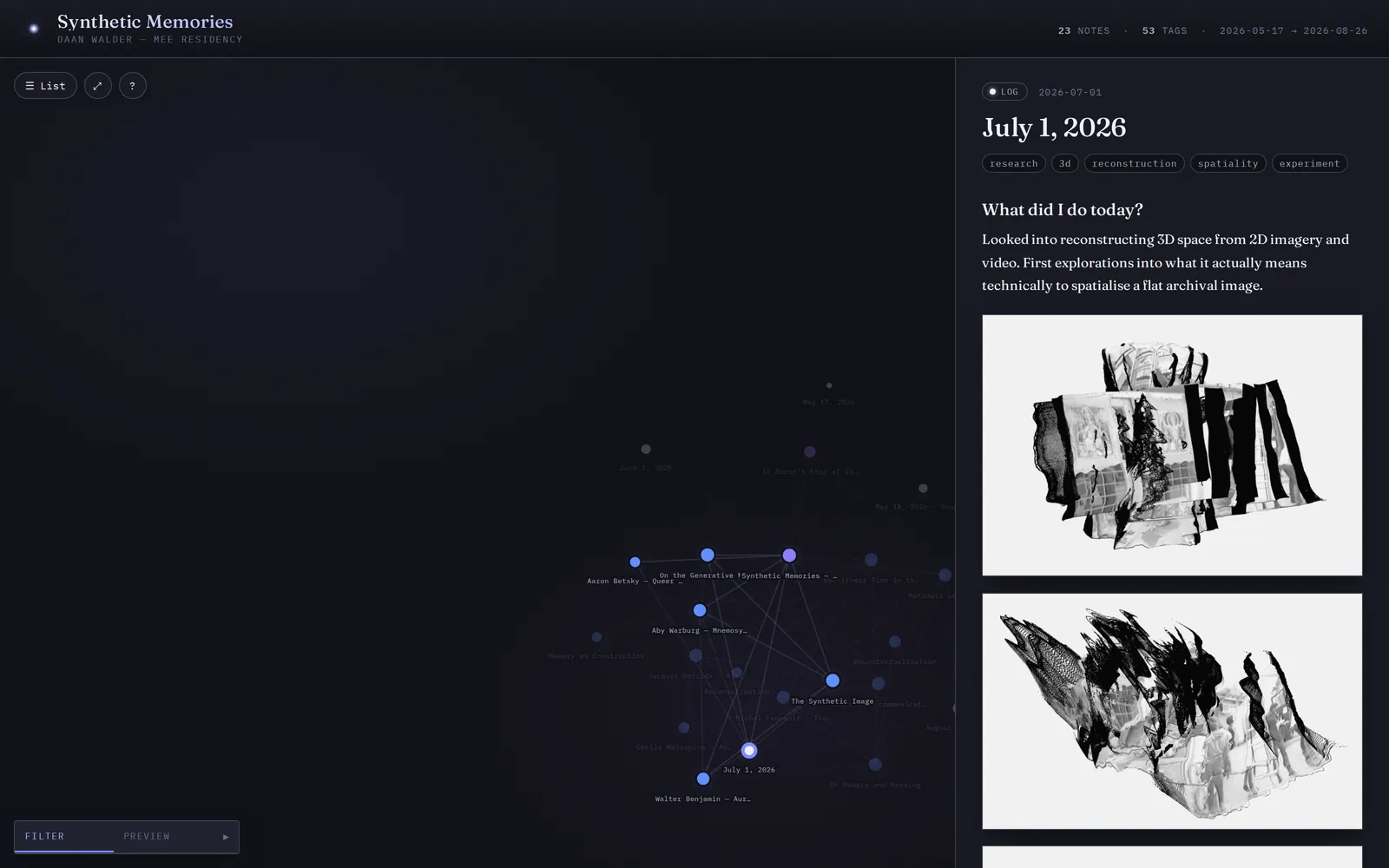 The log of 1 July 2026, with the first 3D reconstructions from archival imagery.