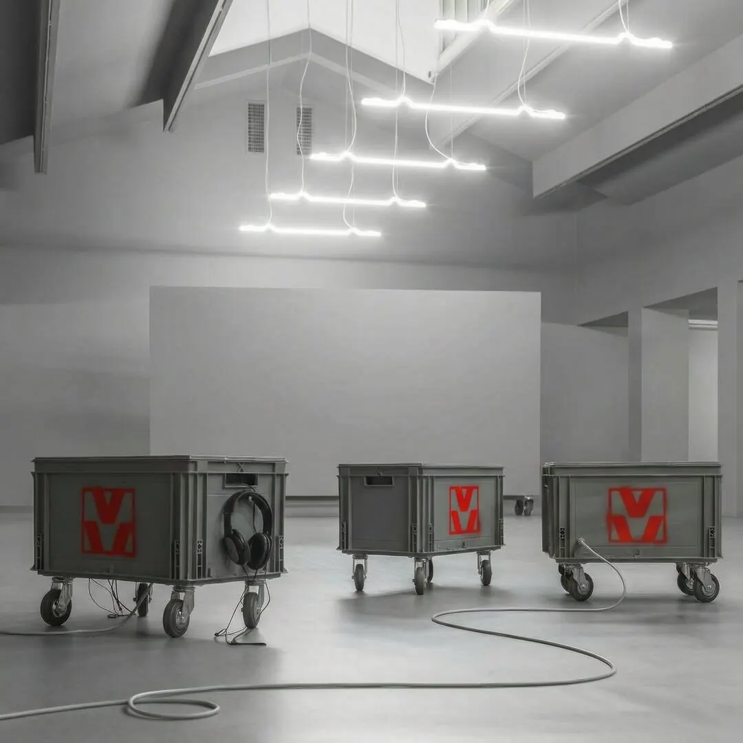 Exhibition design: flight cases with the red V logo in a concrete hall